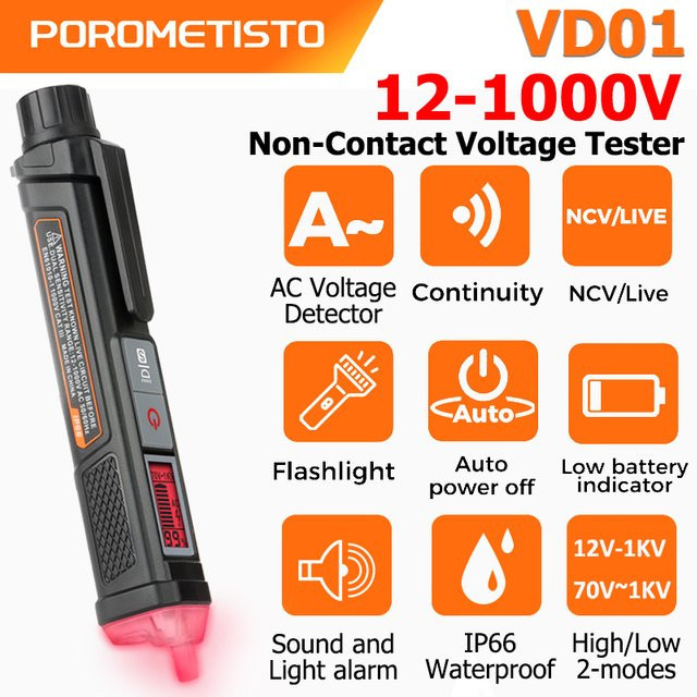 POROMETISTO VD01 Berührungsloser AC-Spannungsdetektorstift in Schwarz mit Dual-Modi für hohe und niedrige Spannungen bis 1000 V und Kontrollleuchte - Bild 1