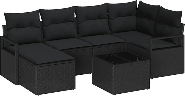 vidaXL Garten-Sofa-Set 7-teilig aus Polyrattan in Schwarz mit Polsterkissen und Tisch, L-Form, modern und UV-beständig - Bild 1