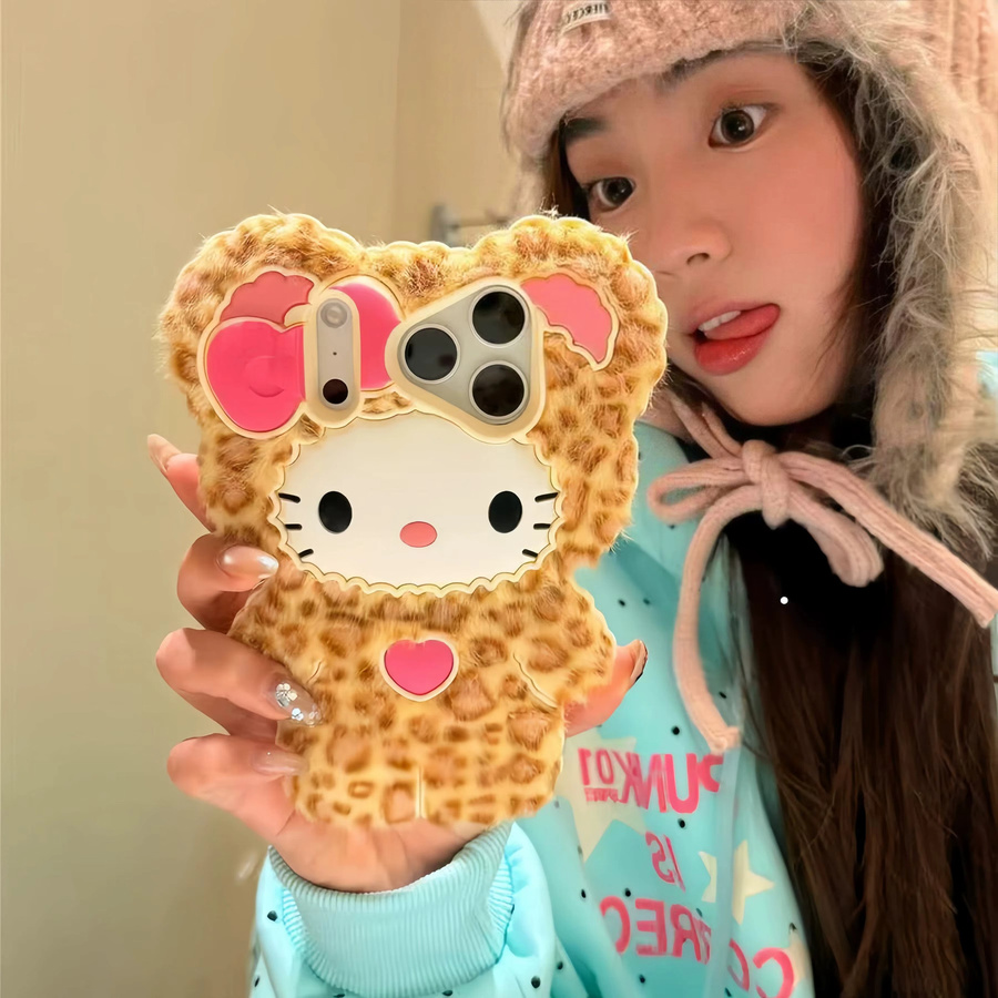 Sanrio Hello Kitty Handyhülle mit Leopardenmuster aus flauschigem Plüsch und Silikon-Rückseite für iPhone 17 16 15 14 13 12 Pro Max Plus in Multicolour - Bild 3