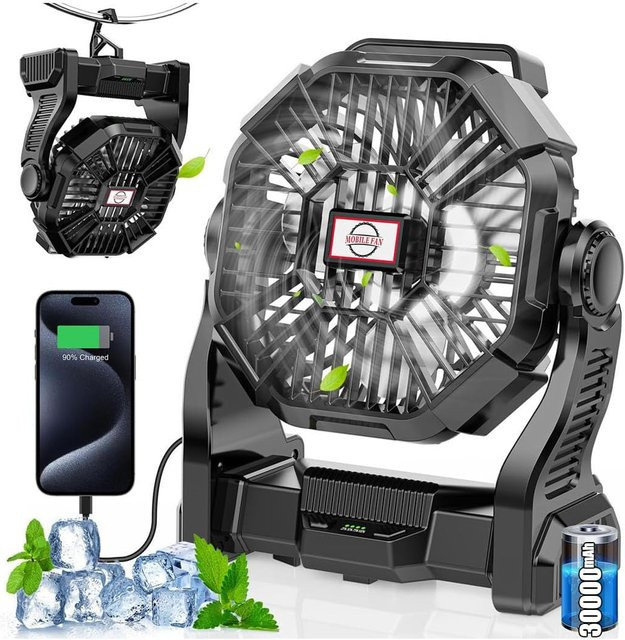 Tragbarer Camping-Ventilator mit 30000mAh Akku und LED-Laterne, wiederaufladbarer Outdoor-Ventilator für Reisen und Schlafzimmer in Pink oder Schwarz - Bild 1