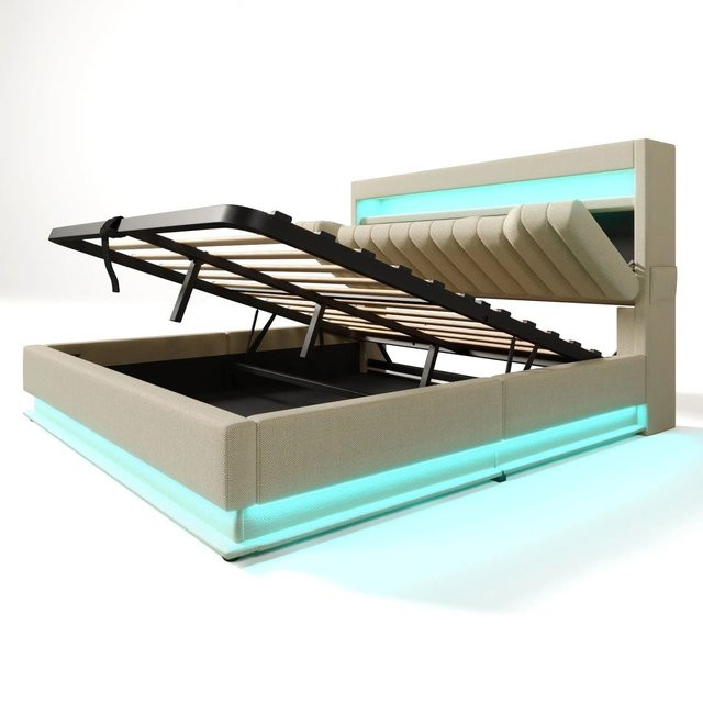 Merax Polsterbett mit LED-Unterbettbeleuchtung, USB-C Ladeport und Bettablage in Beige, B/T/H: 140 x 190 x 112 cm - Bild 1