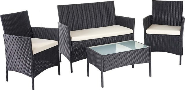 MCW Poly-Rattan Garten-Garnitur D82 Lounge-Set in Schwarz mit beigen Sitzkissen - Bild 1
