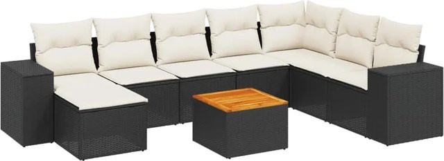 vidaXL 9-teilige Garten-Sofagarnitur aus Poly-Rattan und Akazienholz in Schwarz-Creme mit Kissen - Bild 1