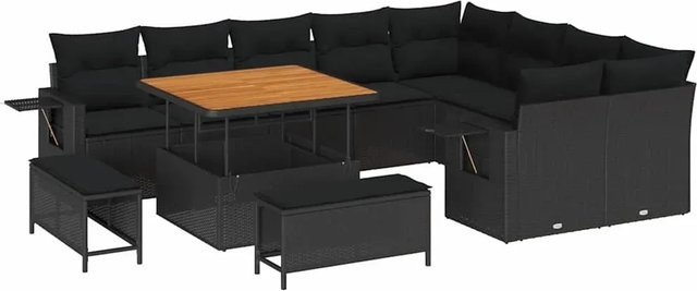 vidaXL Garten-Sofa-Set 12-teilig in Schwarz aus Poly-Rattan und Akazienholz mit Polsterkissen in U-Form - Bild 1