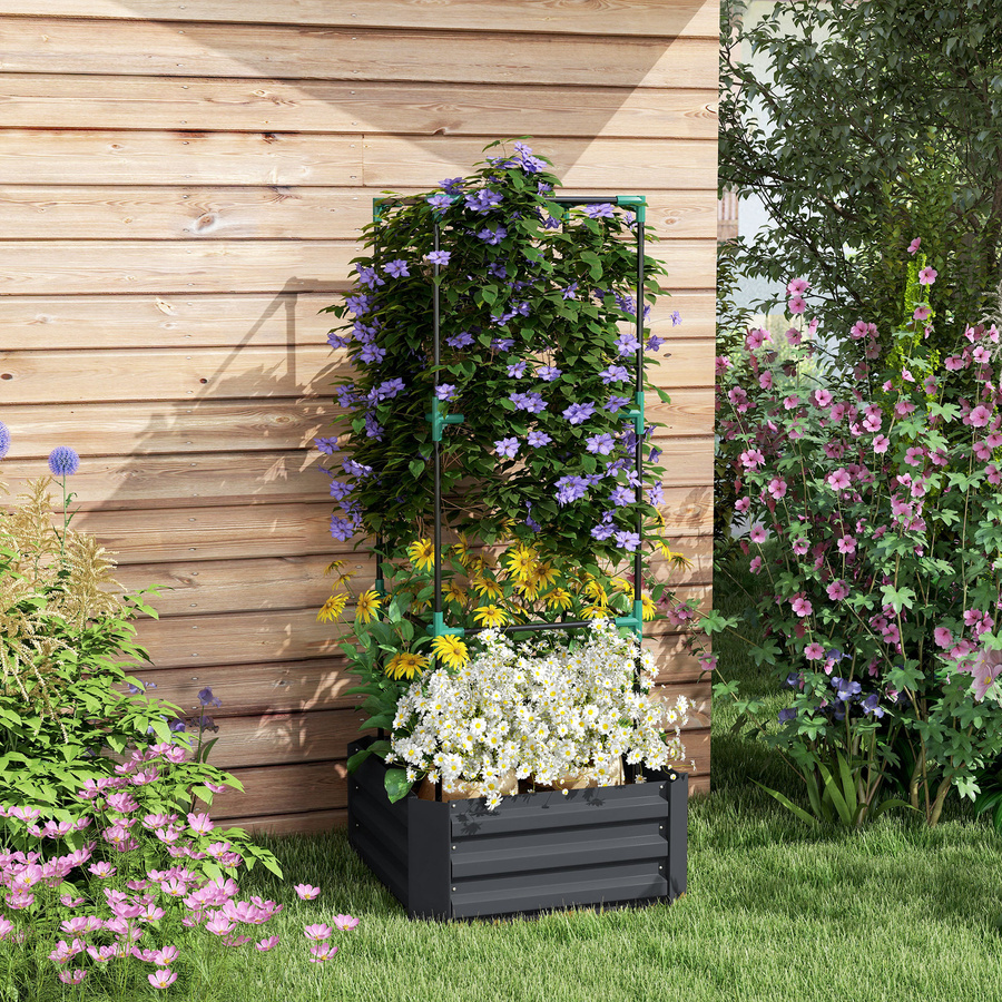 Outsunny Hochbeet mit Rankhilfe aus verzinktem Stahl in Dunkelgrau, höhenverstellbares Gemüsebeet und Pflanzkasten für Garten und Balkon, H x B x T: 140 x 61 x 61 cm - Bild 2