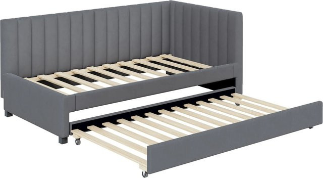 Merax Schlafsofa aus Samt in Grau und Beige, ausziehbar im Mid-Century Design, B/T/H: 209,5 x 120 x 71 cm - Bild 1