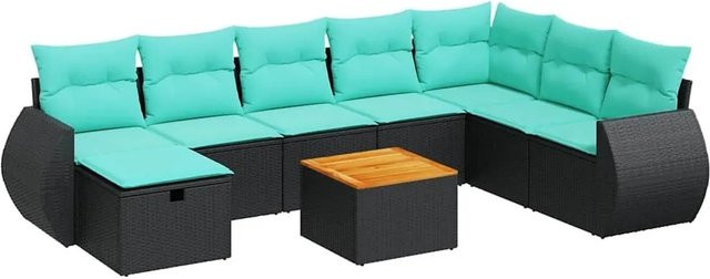 vidaXL 9-teilige Garten-Sofagarnitur mit Kissen aus Poly-Rattan und Akazienholz in Schwarz - Bild 1
