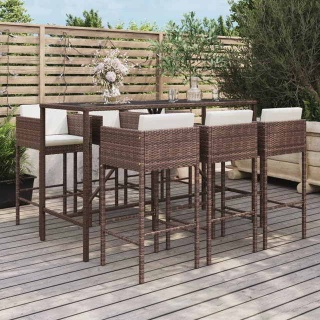 vidaXL 7-tlg Gartenbar-Set aus Poly Rattan mit Kissen und Hartglas, Braun - Bild 3