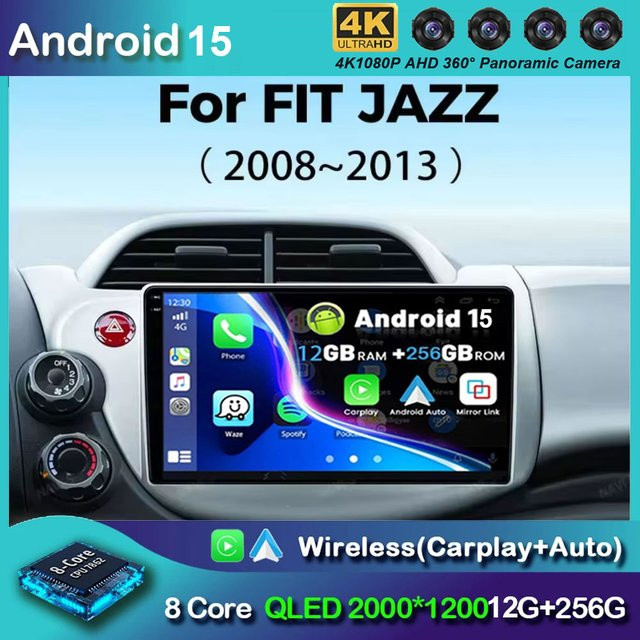 Android 15 Auto Stereo Radio Multimedia mit Bluetooth und drahtlosem CarPlay sowie Android Auto für Honda Fit Jazz (2008-2013), Schwarz - Bild 1