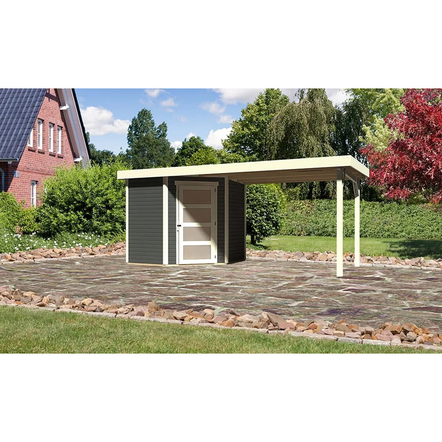 Karibu Gartenhaus Schwandorf 3 aus Holz in Terragrau mit Flachdach und Anbaudach B/H/T: 213 x 217 x 213 cm - Bild 2