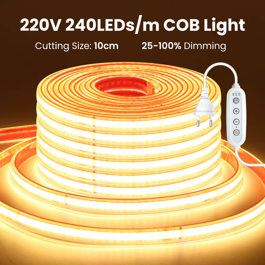 HEGEHE COB LED-Streifenlicht mit Timer und Dimmfunktion, AC 220V wasserdichtes flexibles LED-Band für die Raumbeleuchtung, Weiß - Bild 3