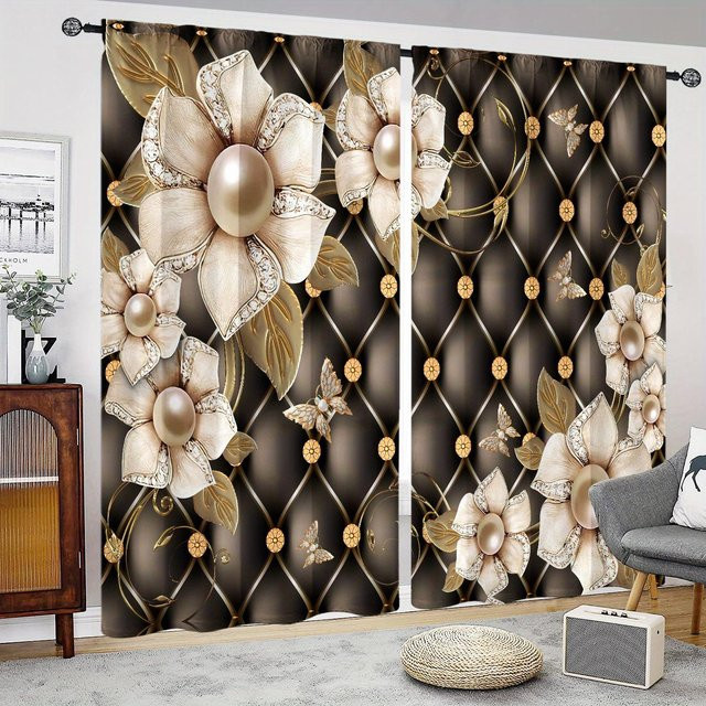 2er-Set Luxus Vorhänge mit Schwan und goldenem Blumenmuster in Rot und Gold, halbtransparent, Breite: 50 cm, Höhe: 130 cm - Bild 1