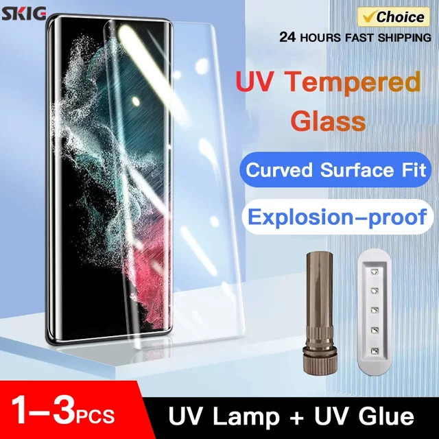 SKIG UV-Schutzfolie aus gehärtetem Glas für Samsung Galaxy S24 Ultra S23 S22 S21 S20 Plus, transparent, vollständig gebogen - Bild 1