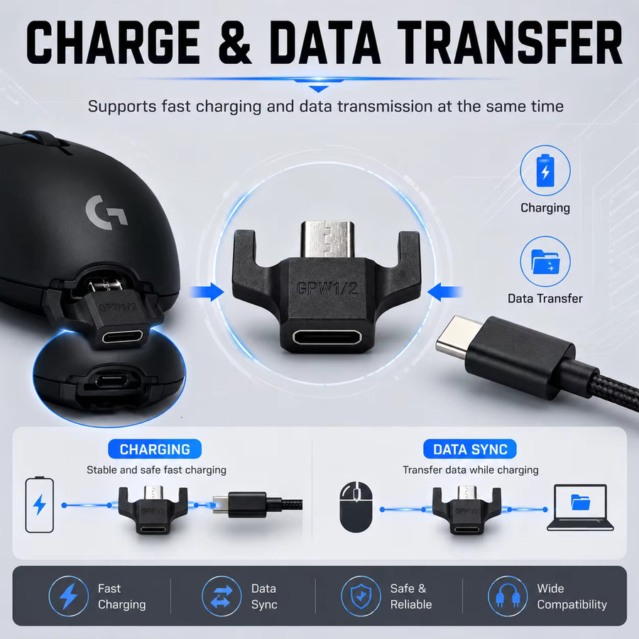 Logitech USB-C-Adapter für G Pro Wireless, GPX Superlight, G703 und G903 Mäuse, Micro-USB-zu-USB-C-Ladekonverter, Schwarz - Bild 4