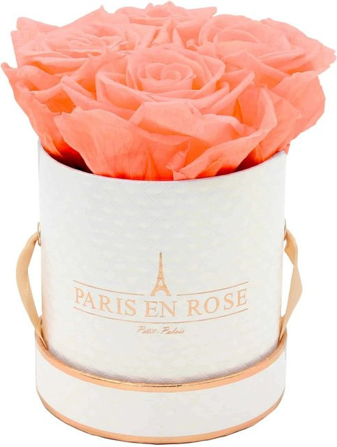Deluxe Rosenbox PARIS EN ROSE in Weiß-Roségold mit 4 Apricot Rosen, Durchmesser: 10 cm - Bild 1