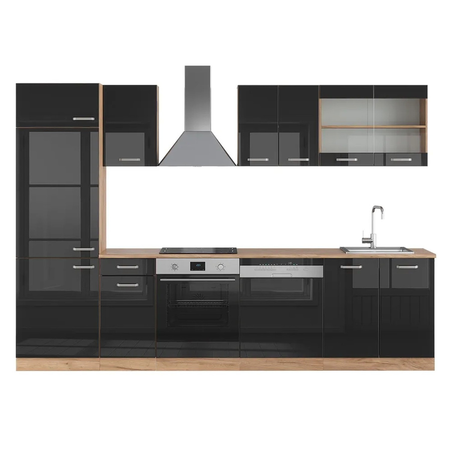 Vicco R-Line Küchenzeile Schwarz Hochglanz und Goldkraft Eiche, Breite: 300 cm - Bild 2