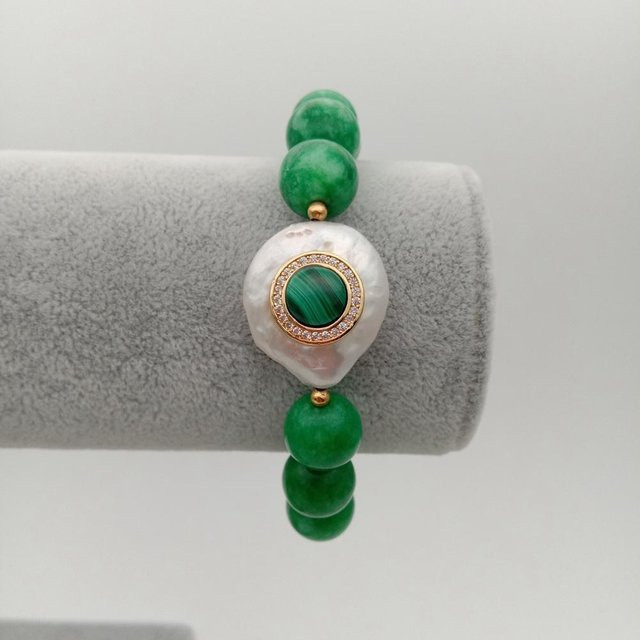 Stretch-Armband SETTIMANA, Silber, Jade, Münzperlen, Zirkonia, Unisex - Bild 1