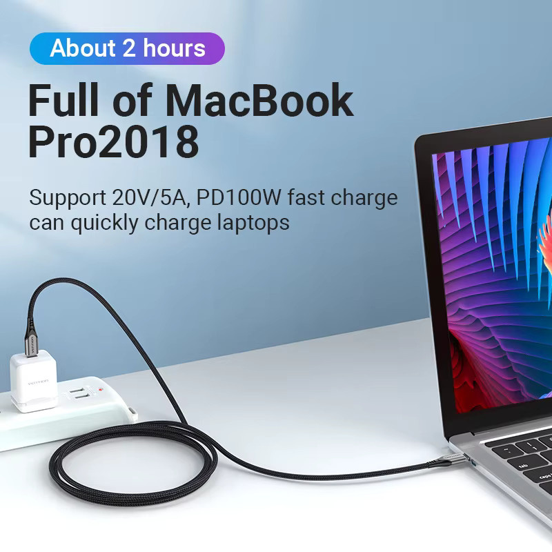 Vention USB C auf USB C Schnellladekabel mit 100 W Ladeleistung für iPhone, Huawei, Xiaomi, Samsung, Oppo und OnePlus in Schwarz und Grau - Bild 2