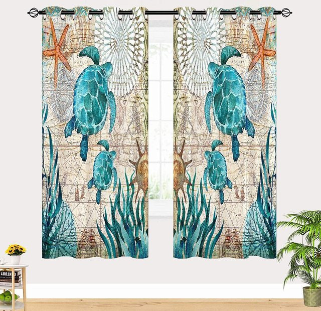 A Family Of Home Textiles Fenstervorhänge mit Meeresmotiven in Blau, 2er-Set mit Ösen, halbtransparent, Breite: 50 cm, Höhe: 130 cm pro Stück - Bild 1