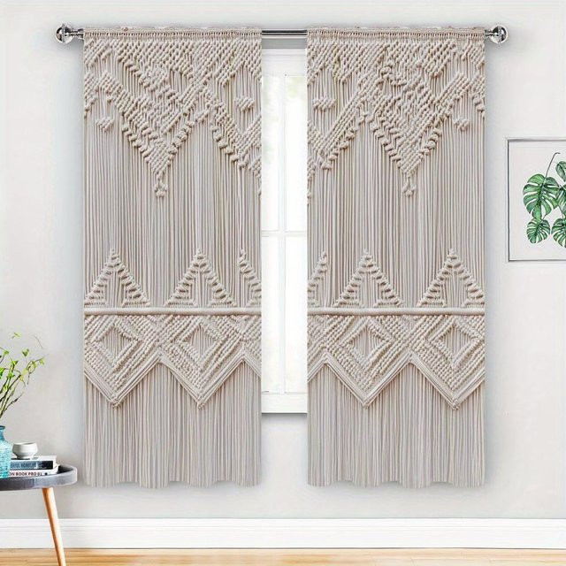 2er-Set Vorhänge im Stricklook mit Hanfseilmuster in Beige, halbtransparent mit Stangentaschen, Breite: 75 cm, Höhe: 166 cm - Bild 1