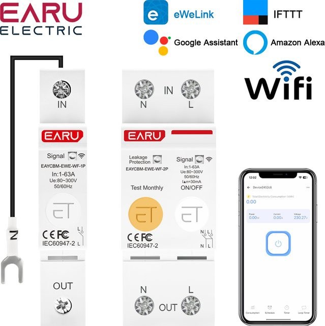 EARU EWeLink WiFi Smart MCB Schutzschalter mit Strom-Spannungs-kWh-Energiemesser und Erdleckschutzrelais in Weiß - Bild 1