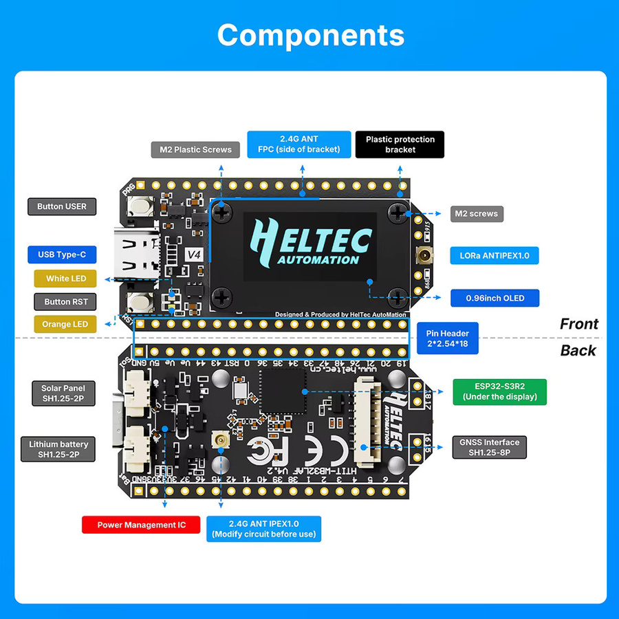 Heltec LoRa 32 V4 Meshtastic Entwicklungsboard mit 0,96 Zoll OLED, GPS, WiFi und BLE in Schwarz - Bild 2