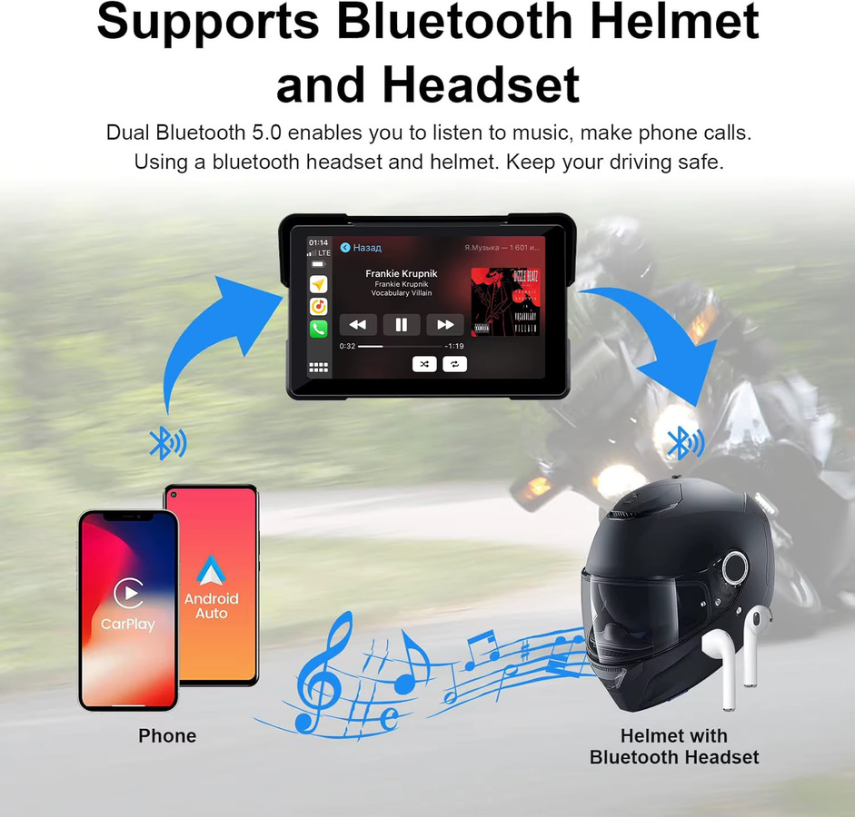 JMCQ Tragbare Motorrad Dash Kamera mit 2K QHD Auflösung, GPS Navigation, Wireless Apple CarPlay und Android Auto, Wasserdicht mit Dual Bluetooth, Farbe: Schwarz - Bild 5
