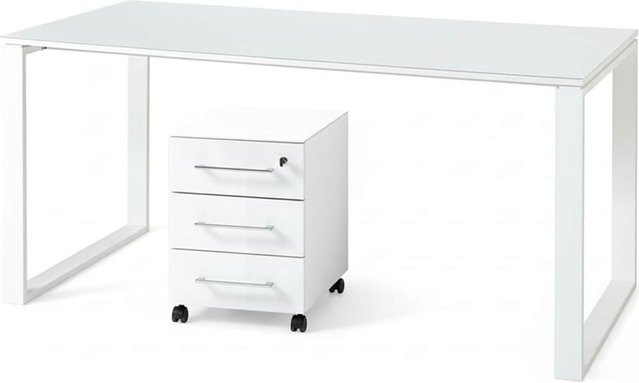 Schreibtisch-Set MUENCHEN von Kadima Design in Weiß mit Glasplatte und Container, B/T: 160 x 80 cm - Bild 1
