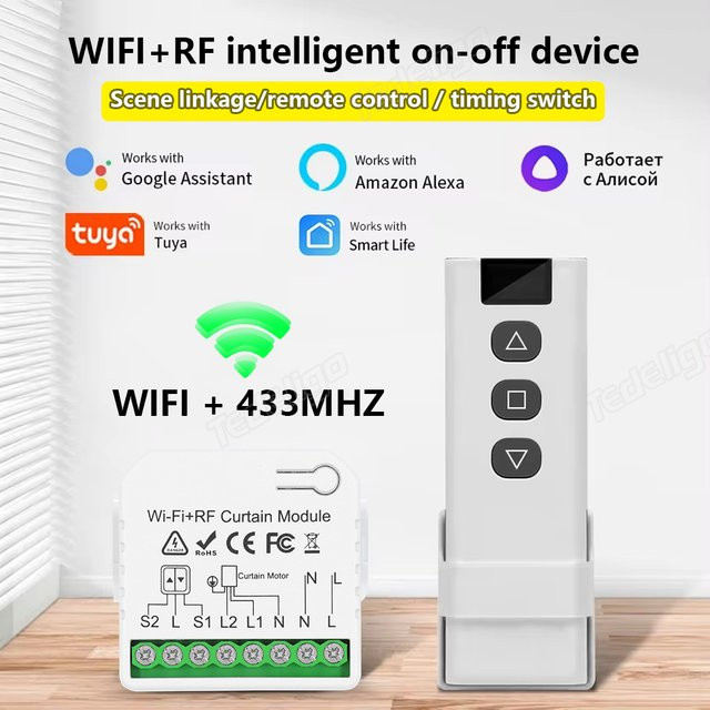 Tuya WiFi Smart Vorhang Schalter und Rollos Shutter Modul mit 433 MHz RF Fernbedienung in Weiß, kompatibel mit Alexa und Google Home Assistant - Bild 1