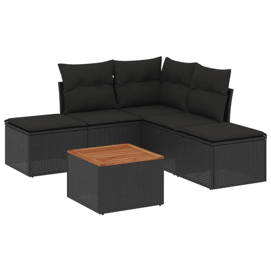 vidaXL 6-tlg Garten-Sofagarnitur aus Poly-Rattan und Akazienholz in Schwarz mit Kissen Modell 82 - Bild 2
