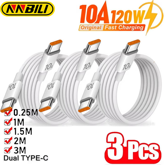NNBILI 3er-Set Universal USB-C Schnellladegerät-Kabel mit 120 W und 10 A in Weiß für iPhone, Samsung, Huawei und Xiaomi - Bild 1