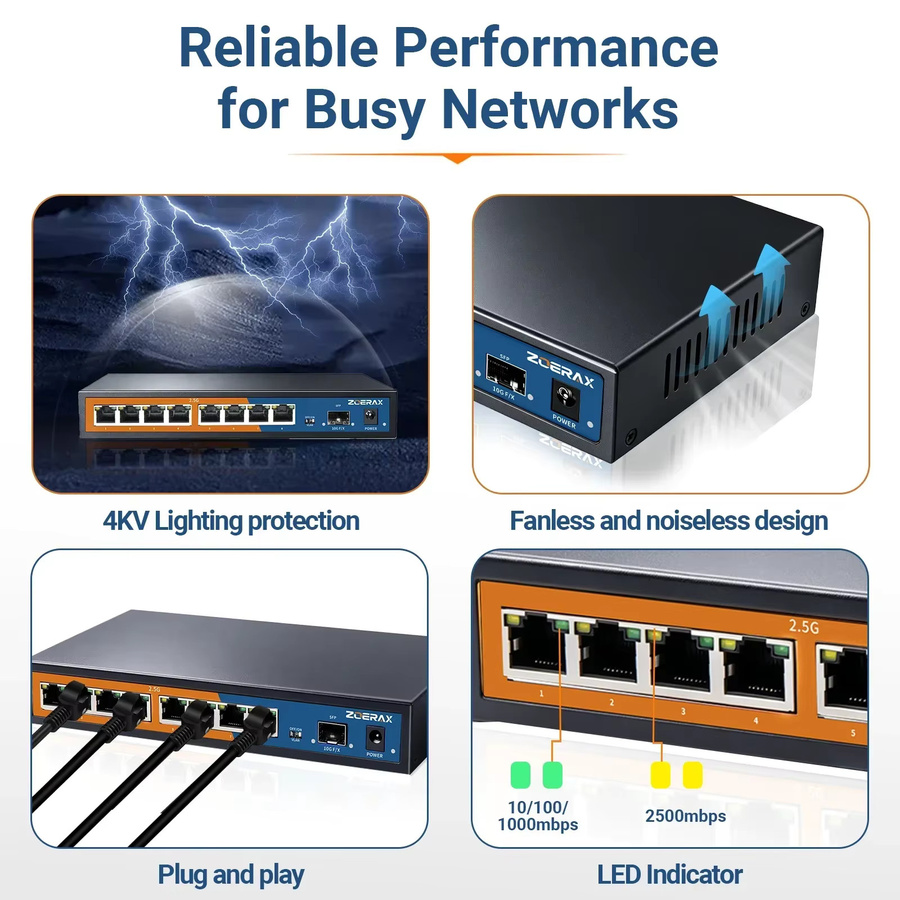 ZoeRax 8-Port Netzwerk-Switch mit 10G SFP Uplink und VLAN-Isolation in Schwarz - Bild 4