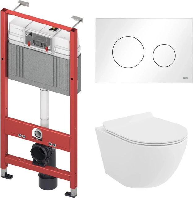 KOLMAN WC-Komplettset mit Vorwandelement und Betätigungsplatte, Wand-WC aus Keramik in Weiß, Rimless und Soft-Close Funktion - Bild 1