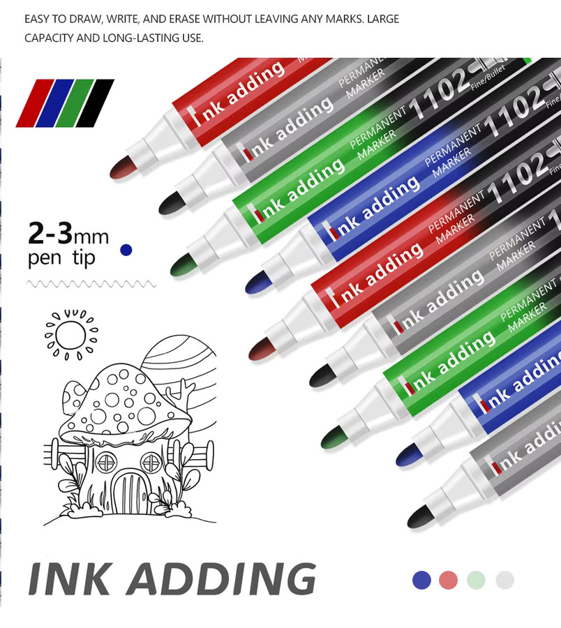 Kissbuty Permanente Marker Set mit Bullet-Spitze, wasserfeste und wischfeste Tinte, schnell trocknend, 2–3 mm Strichstärke, Farben: Schwarz, Rot und Mehrfarbig - Bild 3
