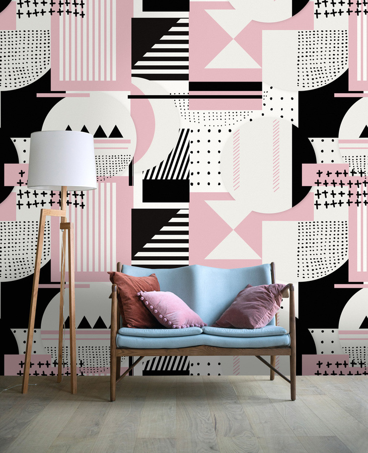 MINDTHEGAP Wandtattoo Simple Things Mural in Pink, Schwarz und Weiß mit abstraktem geometrischem Design aus Non-Woven - Bild 1