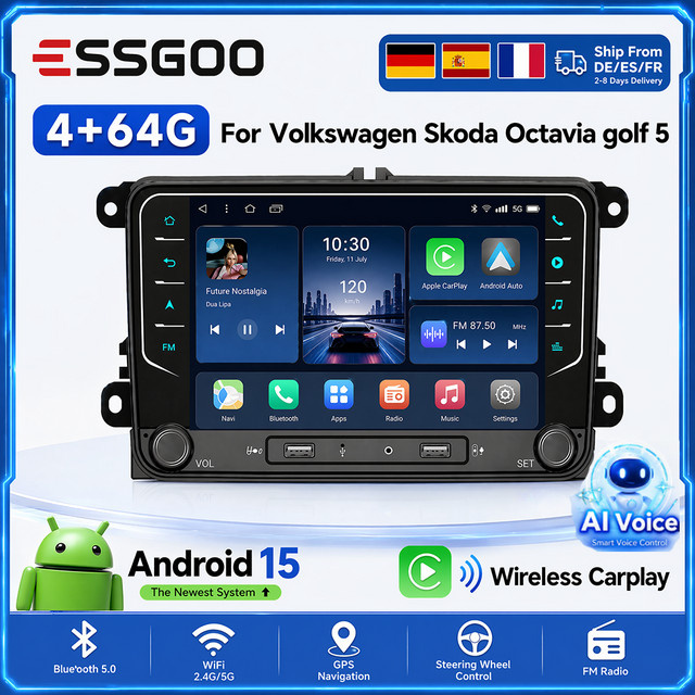 ESSGOO Android 15 Autoradio mit kabellosem CarPlay, GPS und WiFi in Schwarz für Volkswagen Skoda Octavia Golf 5 6 Touran Passat Polo Jetta - Bild 1