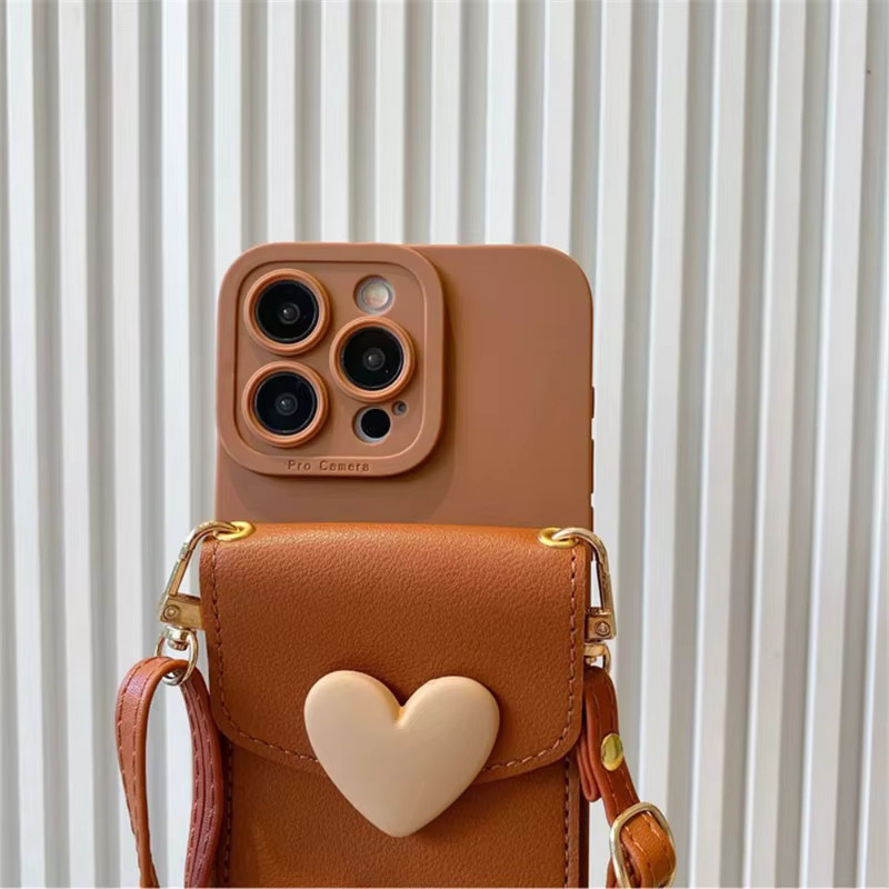 Niedrige Umhängetasche mit 3D-Liebesherz-Abdeckung, Kartenhalter und Handyhülle für iPhone Modelle in Schwarz oder Braun - Bild 3