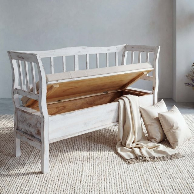 MCW Truhenbank H207 aus Holz in Weiß im Shabby-Stil mit Staufach, Breite: 119 cm - Bild 1