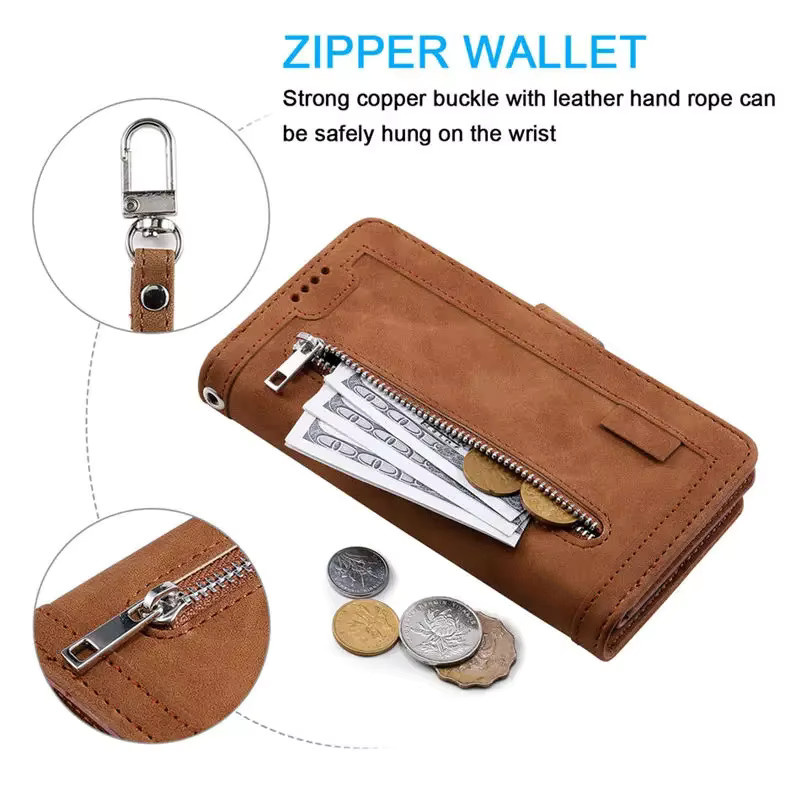Luxus Lederbrieftasche Flip-Hülle für Xiaomi 15T 17T Pro 5G und Poco X7 M8 X8 Pro Max mit 9 Kartenfächern und Reißverschluss in Braun - Bild 5