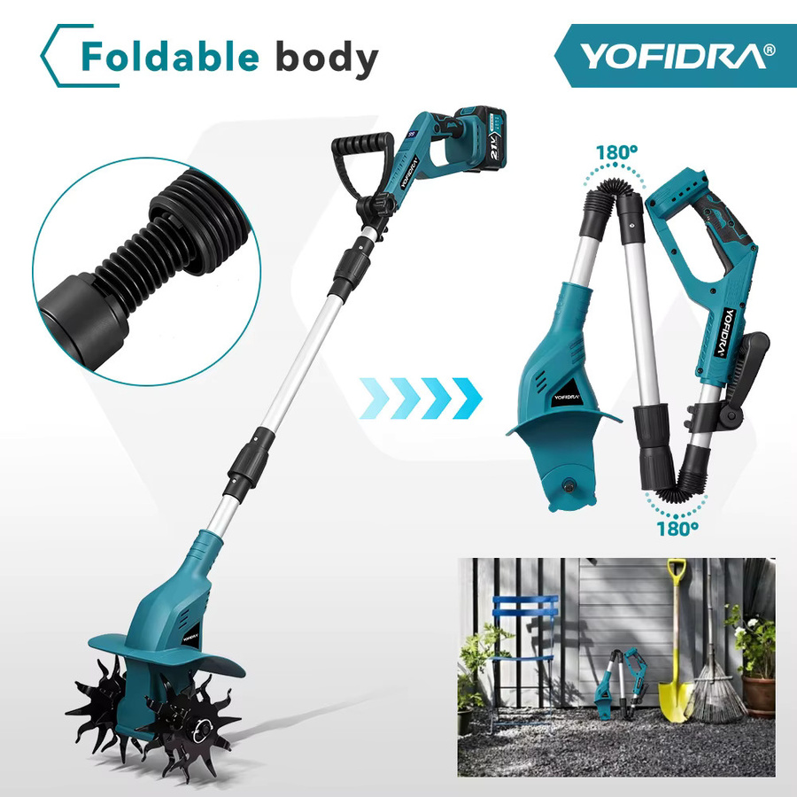 YOFIDRA Elektrische Gartenfräse in Blau, kabelloser Bodenlockerer für Makita 21V Akku - Bild 4