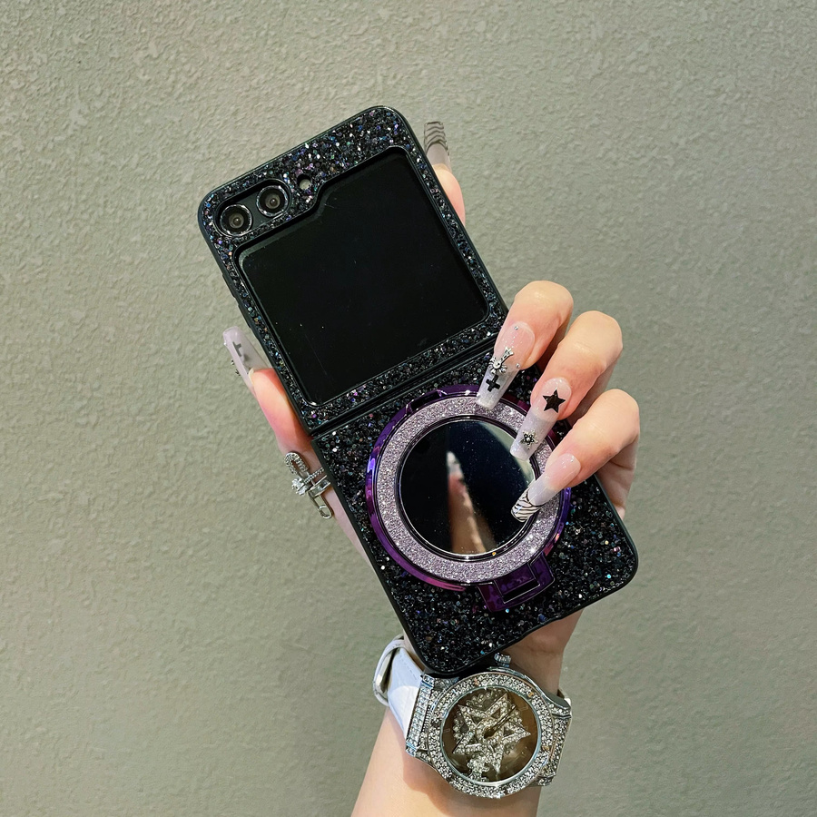 Luxuriöse Kunstleder-Schutzhülle mit glänzenden Strass-Diamanten für Samsung Galaxy Z Flip 7 6 5 4 3 in Weiß mit Spiegelhalter und Hartschalen-Schutz - Bild 2