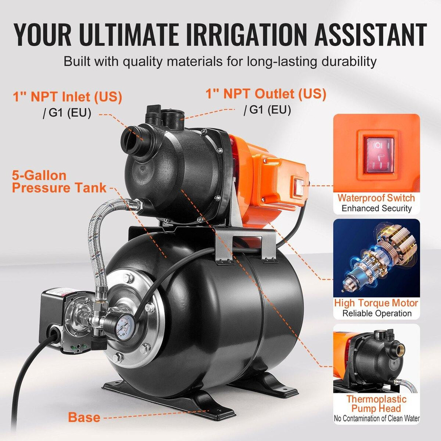 Buying Solutions MB 1 PS Flachbrunnenpumpe mit Druckbehälter und 1000 GPH Bewässerungs-Boosterpumpe - Bild 7