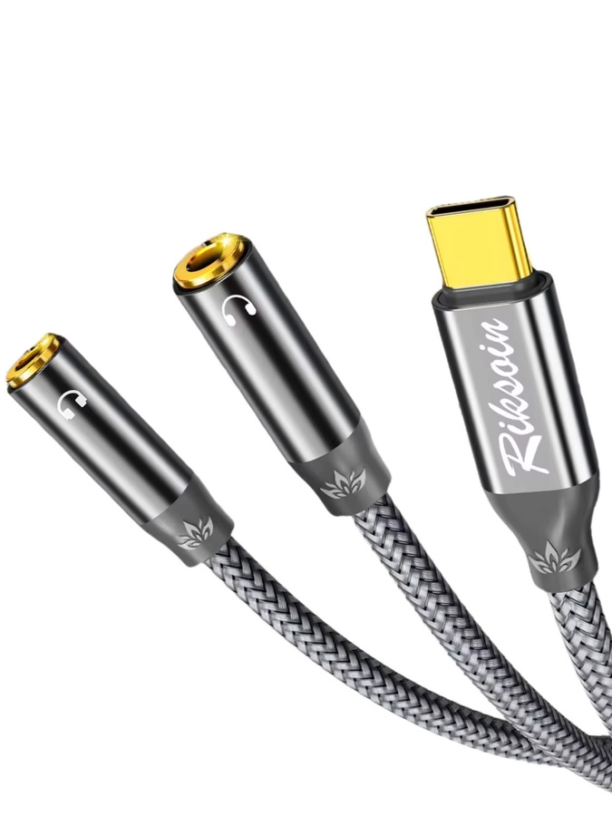 Riksoin USB-C auf 2 Buchsen Kopfhörer-Splitter HiFi TRRS Stereo-Audio-Adapter für Lautsprecher und Mikrofon in Grau - Bild 3