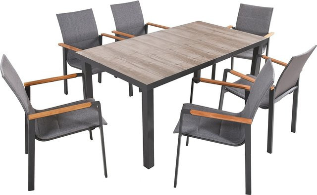 Garden Pleasure Gartenmöbel-Set Rana/Davina 7-teilig in Anthrazit mit Keramik-Tischplatte und Teakholz-Elementen - Bild 1