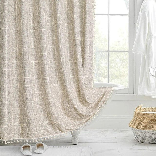 WHQ Home Decoration Jacquard-Duschvorhang aus Leinen und Polyester mit Quasten in Beige, wasserdicht und blickdicht, nordisches Design, B: 180 cm, H: 200 cm - Bild 1