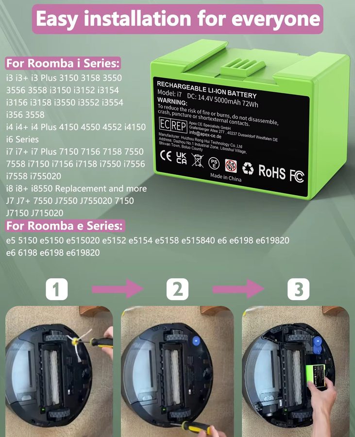Bonadget Wiederaufladbarer Akku für iRobot Roomba i7 i3 i4 i6 i8 J7 E5 E6 i7+ ABL-D1 Serie, 14,4V 5000mAh, Grün - Bild 2