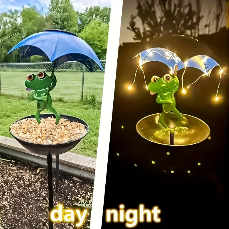 Solarbetriebene Froschstatue mit Kolibri-Vogelfutterspender und LED-Wegbeleuchtung von ledcbet in Blau und Mehrfarbig - Bild 2