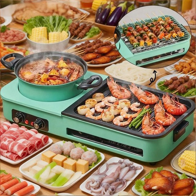 BALASHOV 3-in-1 Multikocher Elektrischer Grill Hot Pot und rauchfreier Grill in Grün mit antihaftbeschichteter Schüssel - Bild 1