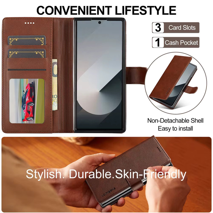 SZMUGUA Wallet Case mit Kartenhalter aus PU Leder für Samsung Galaxy Z Fold 7 6 5 4 3 5G in Gelb und Braun - Bild 4