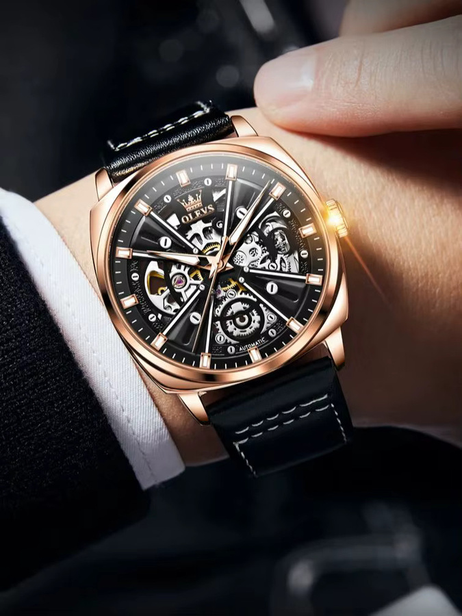 OLEVS Armbanduhr Automatik, Skelett, Schwarz, Leder, Herren - Bild 7